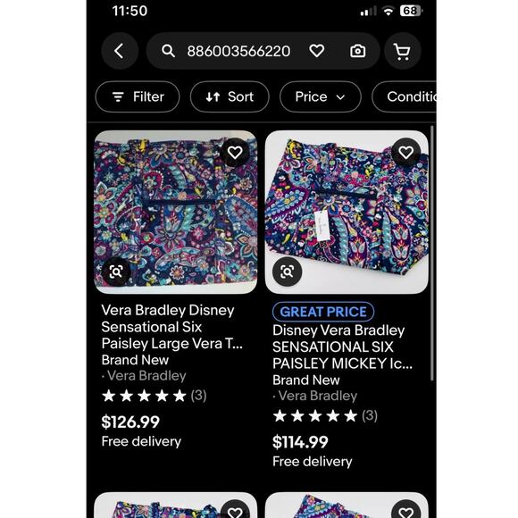 VERA BRADLEY ZIP HIPSTER DISNEY SENSATIONAL SIX PAISLEY PURSE - Picture 3 of 5